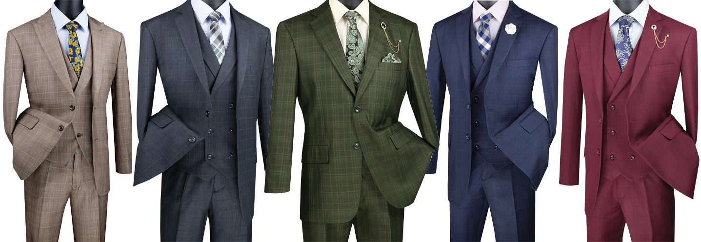 Mens Light Blue Plaid Three Piece Suit – Windowpane Check Wedding and Business Formal Suit Set