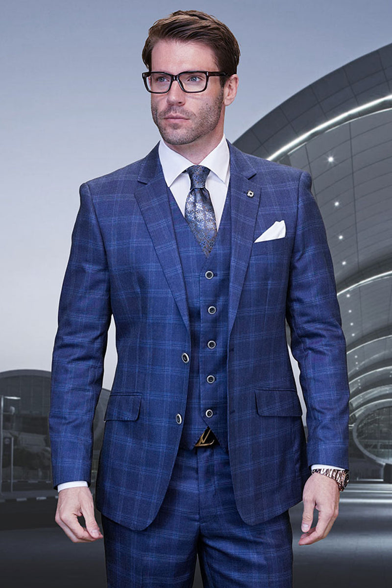 Men's Modern Fit Indigo Wool Suit with Vested Extra Long Cut main image 0
