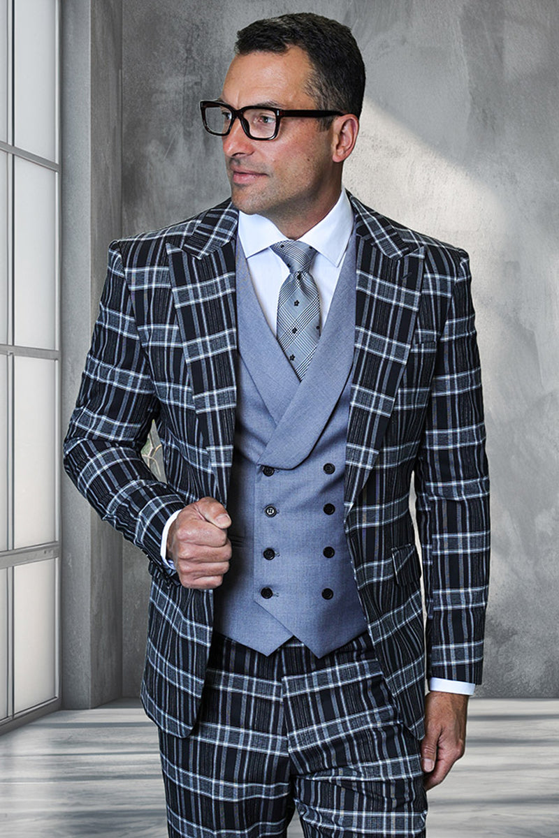 Men's Designer Wool Vested One Button Peak Lapel Suit in Black with Gold Buttons main image 1