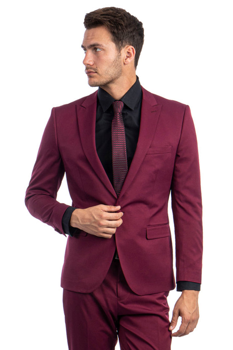 Men's One Button Peak Lapel Basic Slim Fit Suit in Burgundy SignatureMenswear Men's One Button Peak Lapel Basic Slim Fit Suit in Burgundy SignatureMenswear
