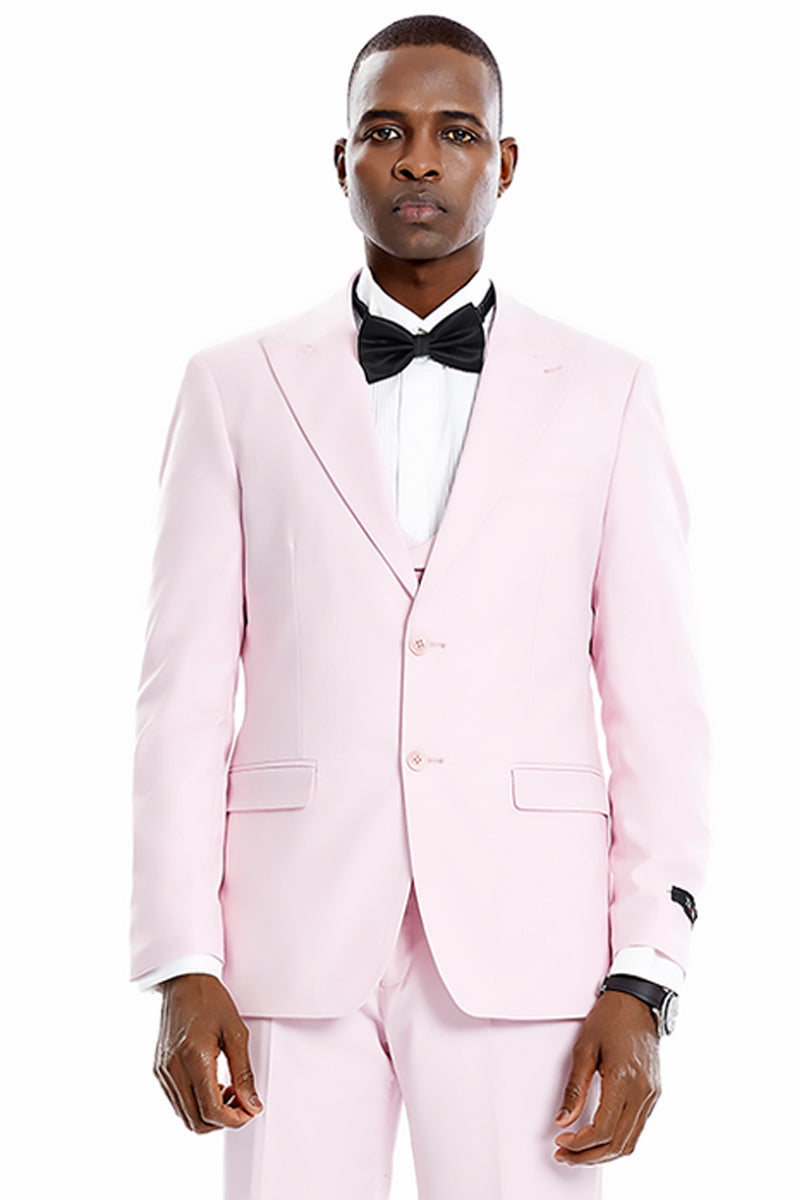 Men's Two Button Vested Peak Lapel Pastel Wedding & Prom Suit in Pink 42 Long / Pink Men's Two Button Vested Peak Lapel Pastel Wedding & Prom Suit in Pink 42 Long / Pink