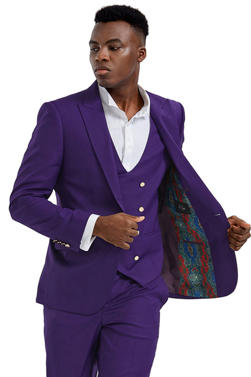 Men's One Button Peak Lapel Vested Suit with Gold Buttons in Purple, 42 Regular / Purple Men's One Button Peak Lapel Vested Suit with Gold Buttons in Purple, 42 Regular / Purple