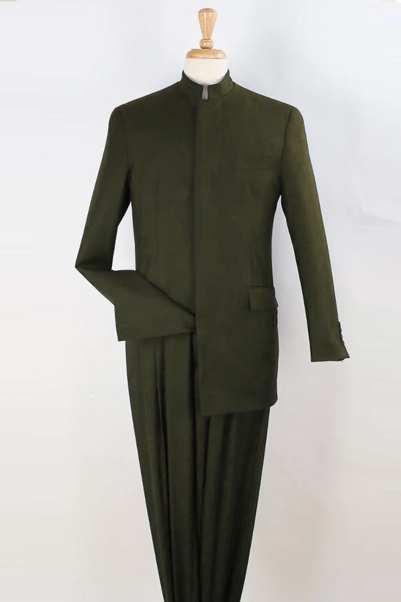 Mens Mandarin Banded Collar French Front Suit in Hunter Green SignatureMenswear Mens Mandarin Banded Collar French Front Suit in Hunter Green SignatureMenswear