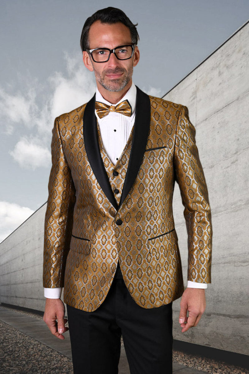 Men's Designer Vested Diamond Print Wedding Prom Tuxedo in Gold
