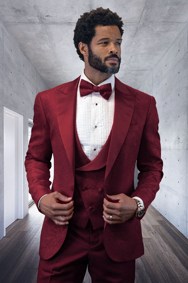 Men's Designer Vested Tonal Paisley Wedding & Prom Tuxedo in Burgundy 40 Short / Burgundy