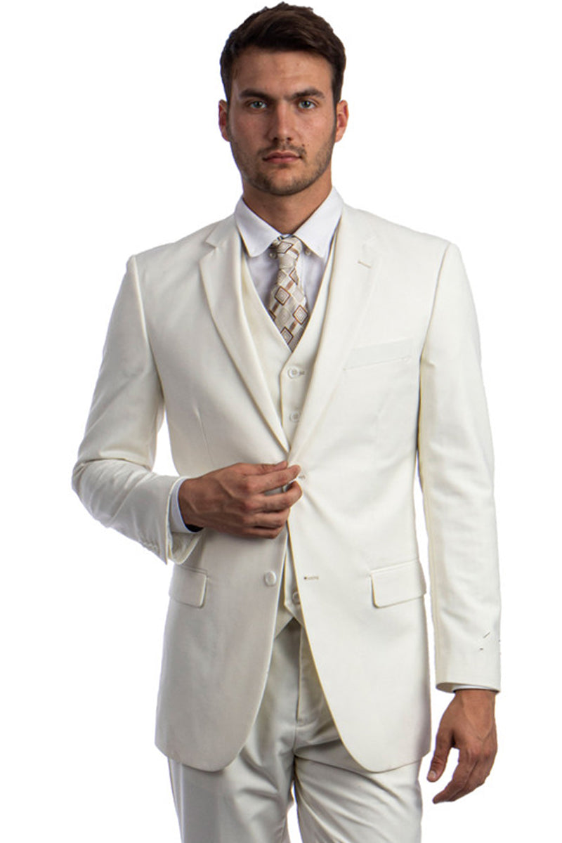 Men's Vested Two Button Solid Color Wedding & Business Suit in Ivory 56 Regular / Ivory