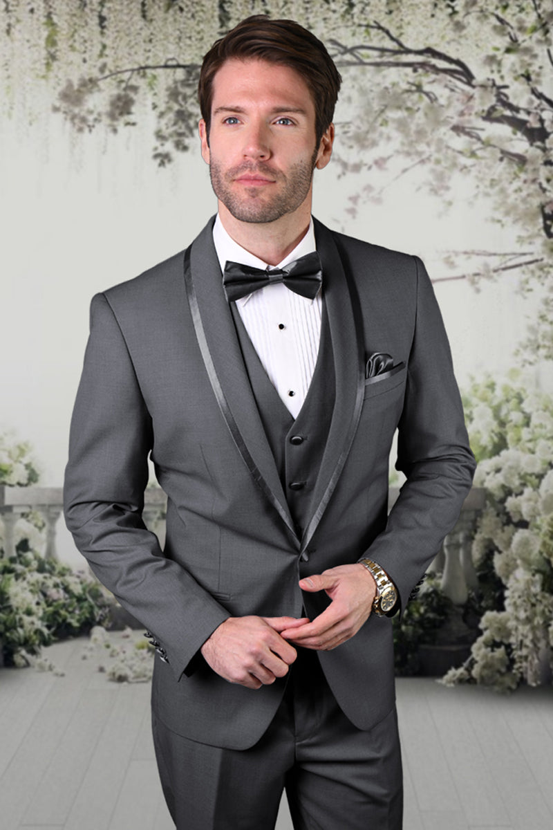 Men's Vested Satin Trim Shawl Wedding Prom Tuxedo in Charcoal Grey