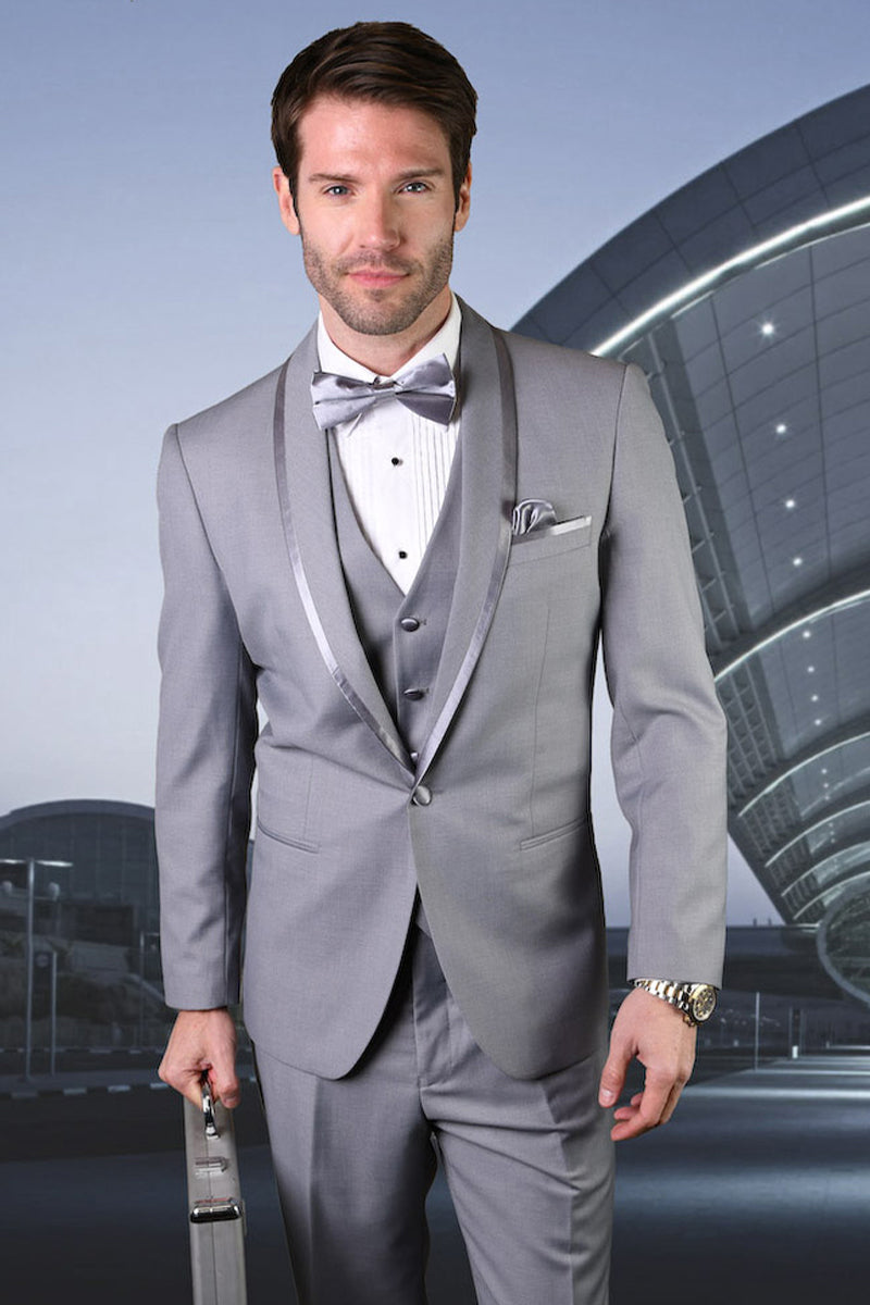 Mens Wool One Button Modern Fit Vested Shawl Tuxedo in Grey & Black main image 0