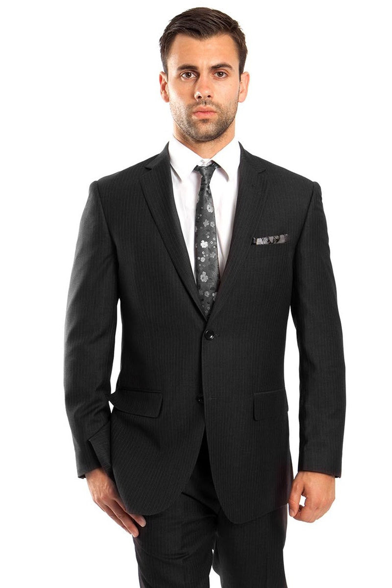 Men's Quality 2 Buttons Portly Suits +  Black Stripe Pinstripe Executive Fit Suit - Mens Portly Suit