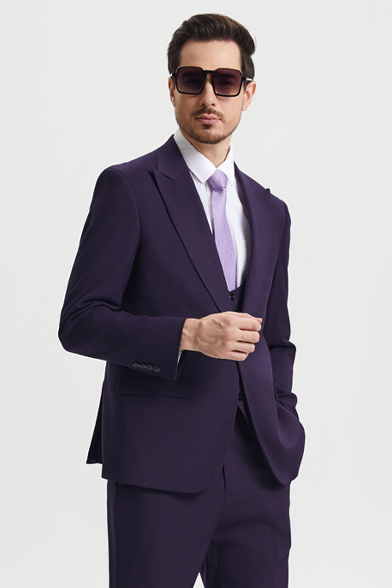 Men's Vested One Button Peak Lapel Stacy Adams Designer Suit in Black
