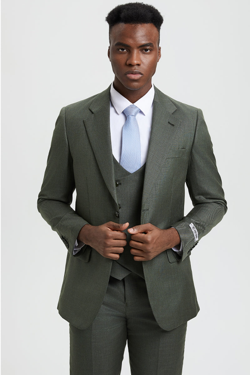 Men's Designer Vested Wool Modern Fit Sharkskin Suit in Black main image 0