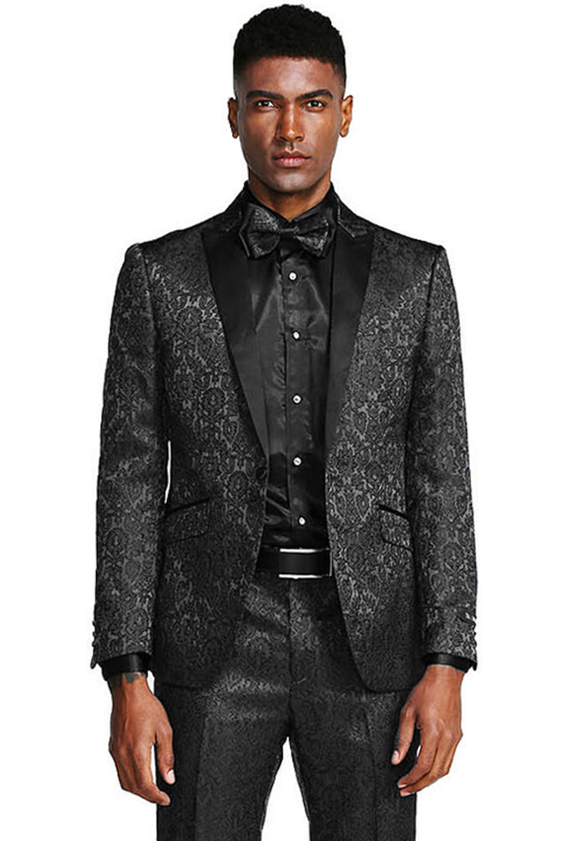Mens 2 Button Black ~ White Foil Floral Paisley Prom and Wedding Tuxedo