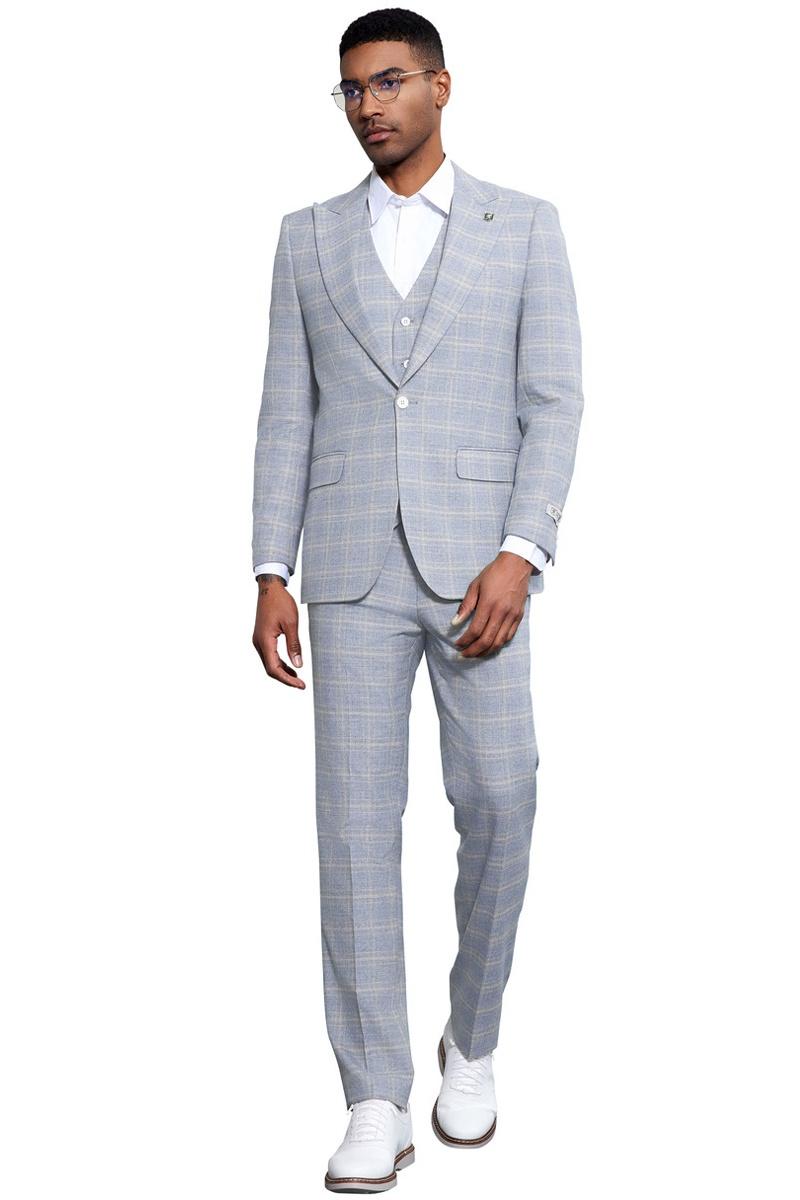 Mens Suit Plaid 3PC by Stacy Adams Blue / 52R / SM210H1-02