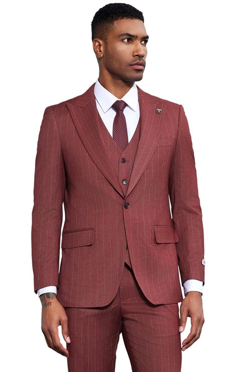 Men's Vested One Button Peak Lapel Wool Suit in Burgundy Windowpane Plaid