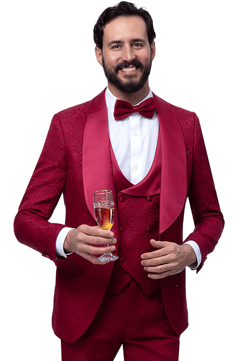 Mens Vested One Button Shiny Shawl Lapel Tuxedo in Burgundy