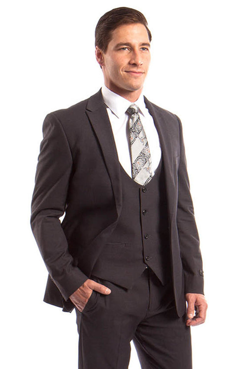 Mens One Button Slim Fit Vested Peak Lapel Skinny Suit in Light Grey