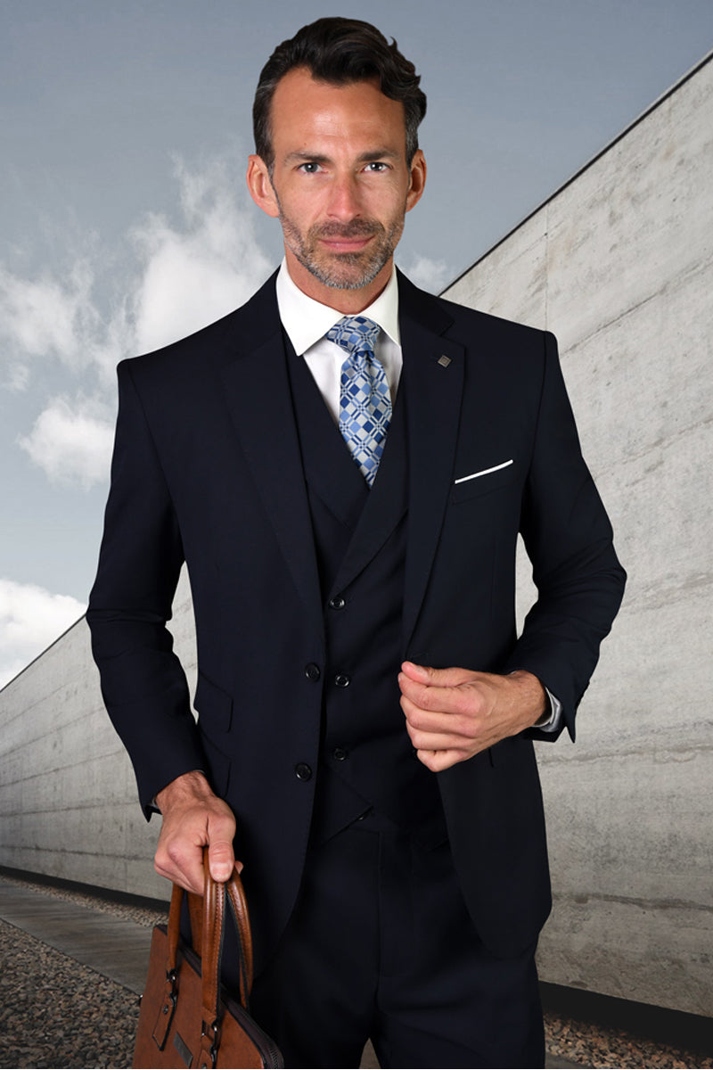 Men's Modern Fit Designer Vested Extra Long Wool Suit in Indigo Blue main image 0