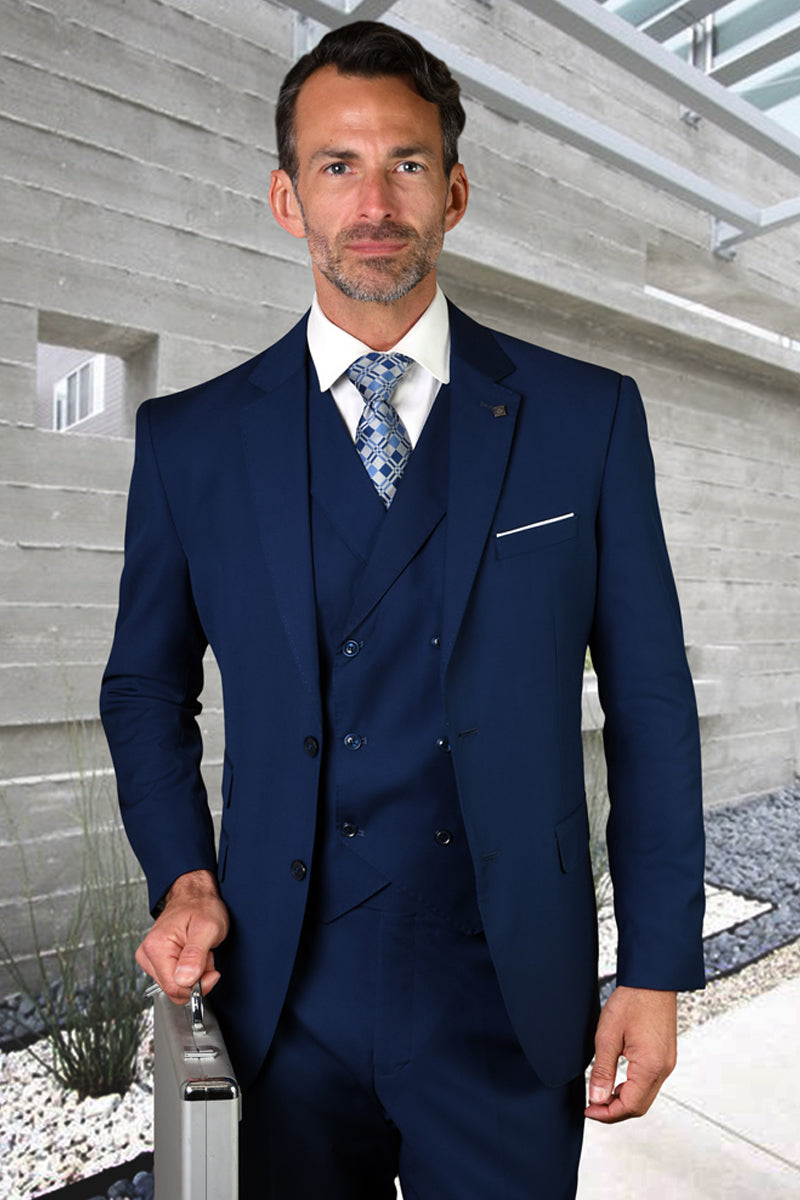 Mens 2 Button Modern Fit Vested Pick Stich Suit in Sapphire Blue