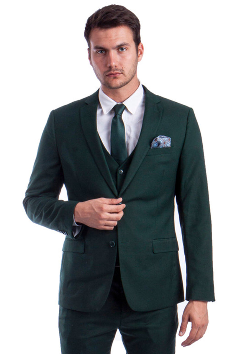 Men's Two Button Slim Fit Vested Solid Basic Color Suit in Forest Green, 42 Long / Green