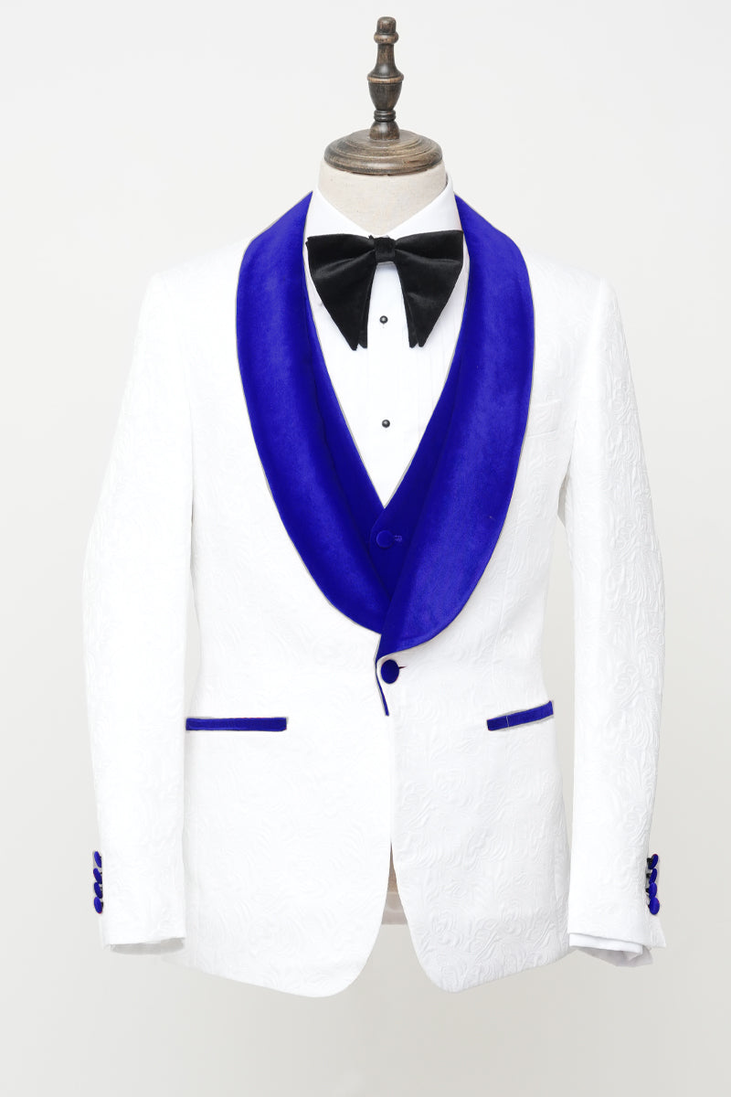 Mens Vested Designer Wide Royal Blue Velvet Shawl Tuxedo in Ivory Paisley Designer Prom Tuxedos