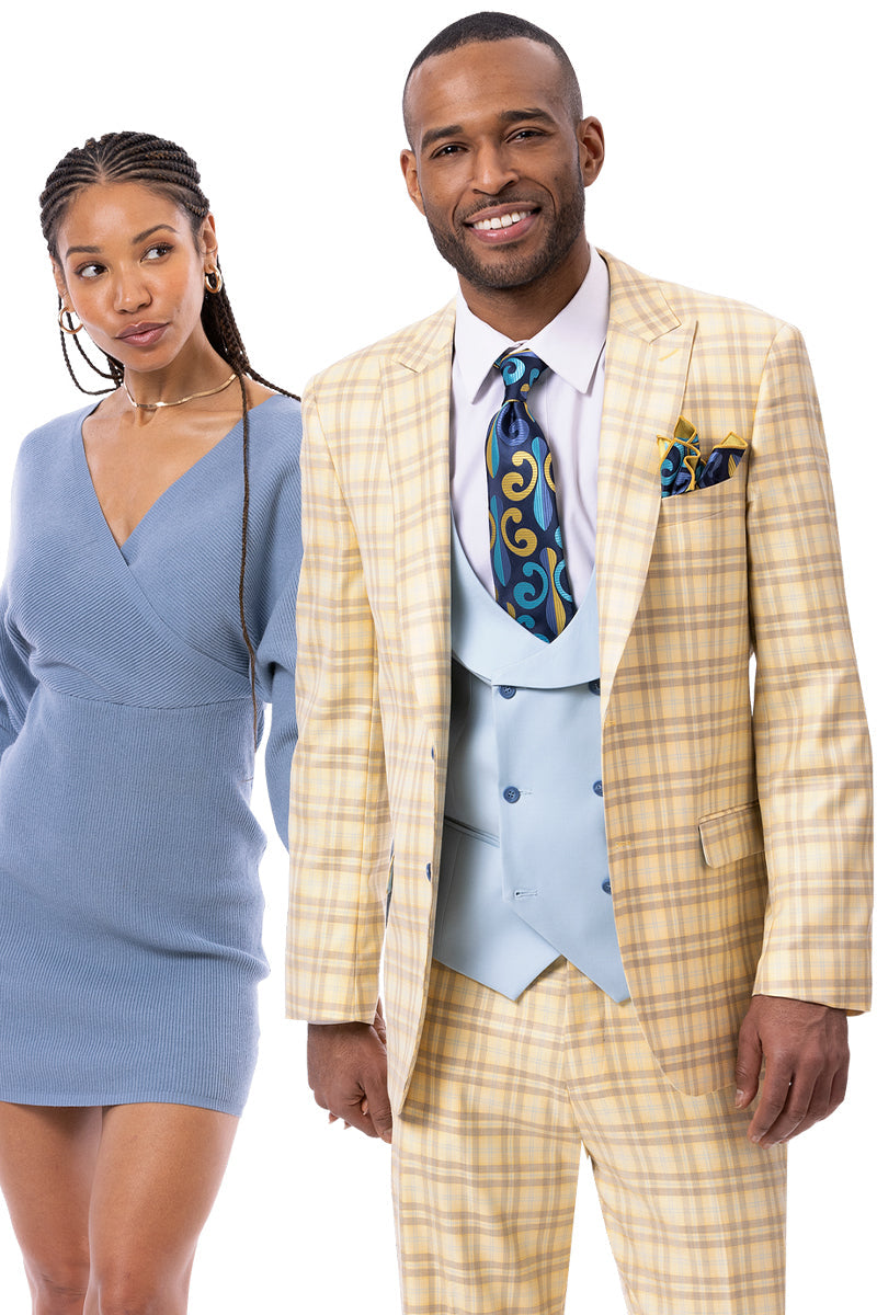 Peak Lapel Suit - Plaid Suit - Windowpane Pattern Color Suit - Steel Blue and Brown Pattern main image 0