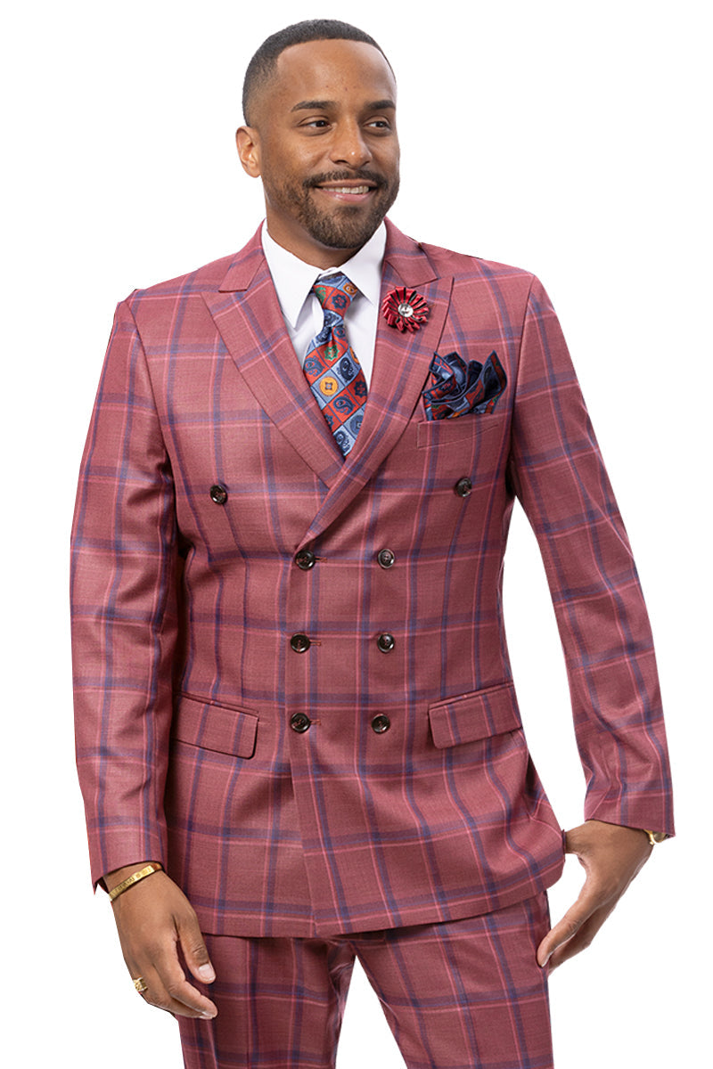 Men's Modern Fit Windowpane Plaid Suit with Paisley Double Breasted Vest in Charcoal Grey