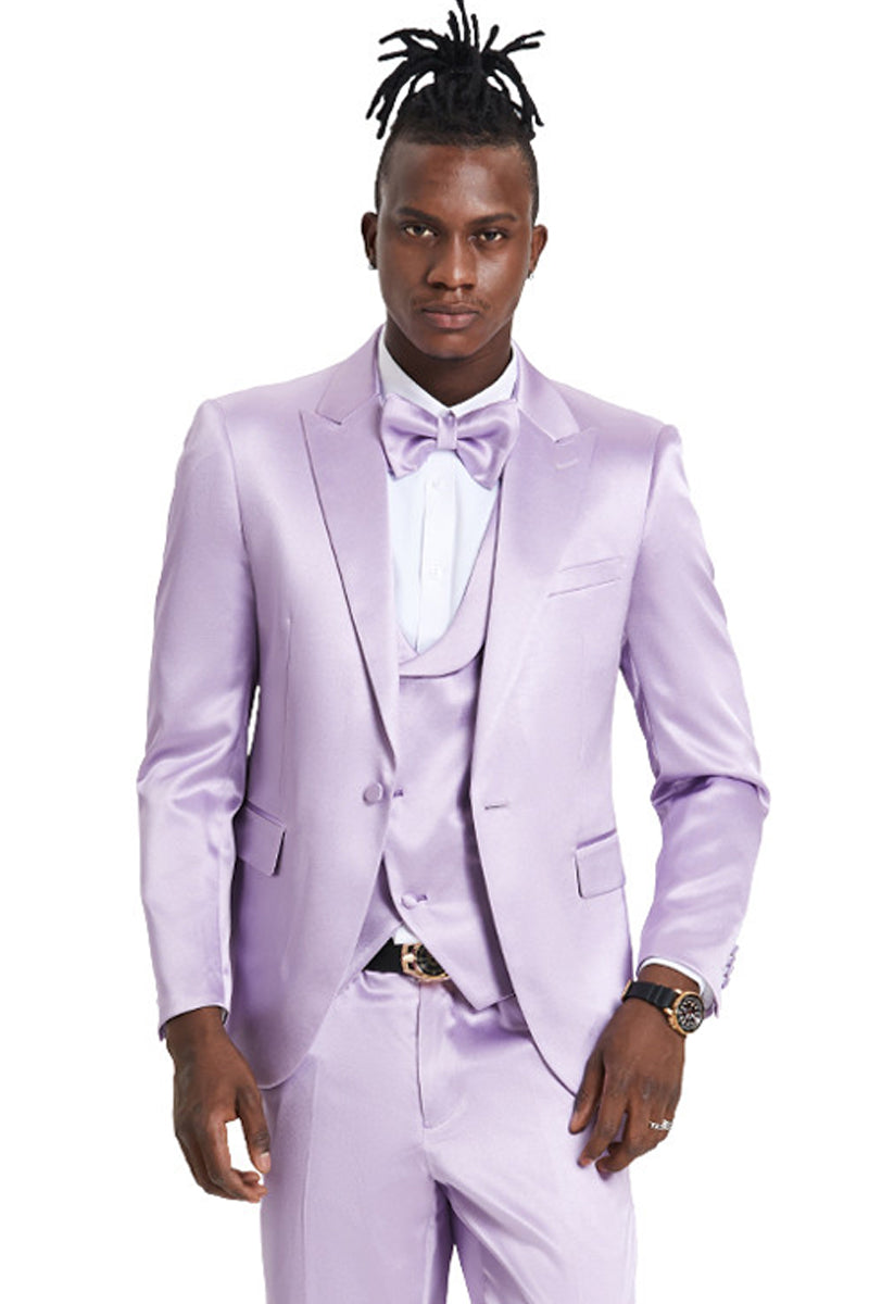 Men's One Button Vested Shiny Satin Sharkskin Prom Wedding Party