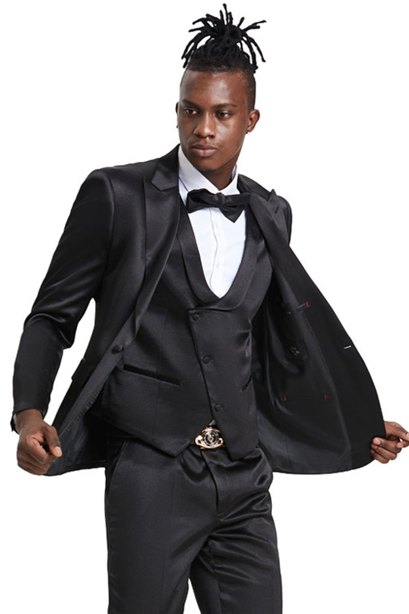 Mens Double Breasted Sateen Shiny Fabric Metallic Fabric - Sharskin Red Suit