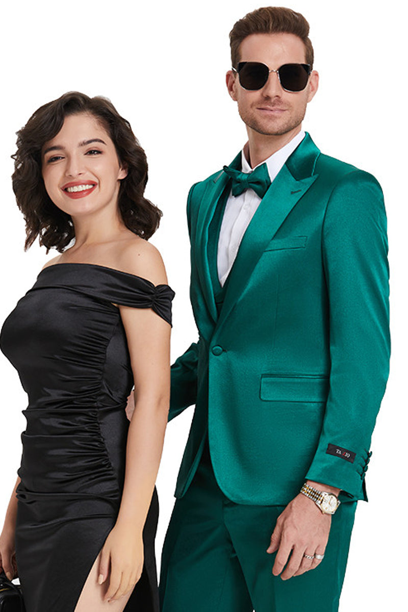 Men's One Button Vested Shiny Satin Sharkskin Prom & Wedding Party Suit in Emerald Green 50 Regular / Green Men's One Button Vested Shiny Satin Sharkskin Prom & Wedding Party Suit in Emerald Green 50 Regular / Green