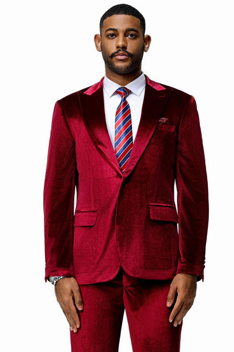 Men's Slim Fit One Button Velvet Wedding & Prom Suit in Burgundy – SignatureMenswear