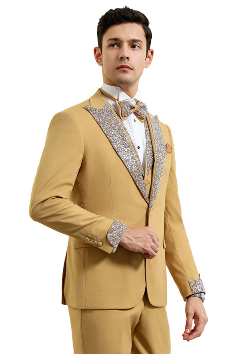 Men's One Button Rhinestone Peak Lapel Vested Prom Tuxedo in Champagne
