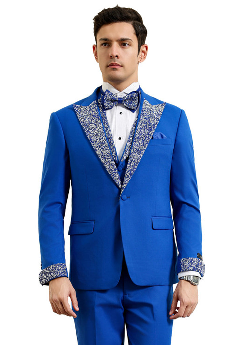 Men's One Button Rhinestone Peak Lapel Vested Prom Tuxedo in royal Blue