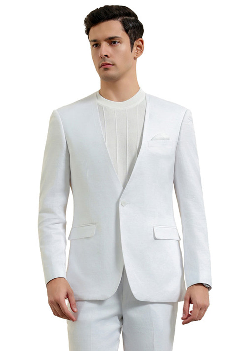 Men's Modern Fit Collarless Summer Wedding Suit in White