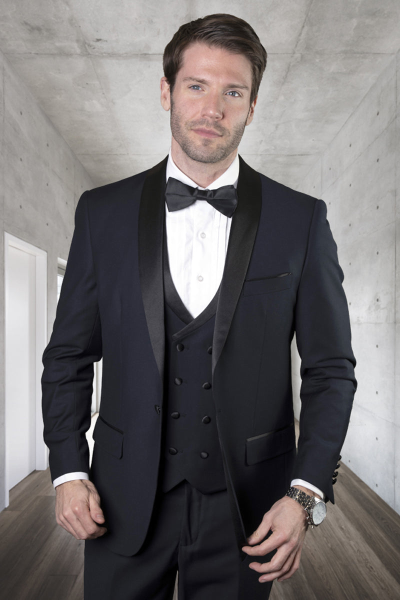 Mens Wool One Button Shawl Tuxedo with Double Breasted Vest in Navy Blue Navy / 48 Regular