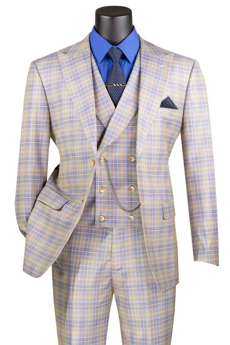 Men's Single Button Designer Wool Suit With Double Breasted Vest in Grey Windowpane Plaid
