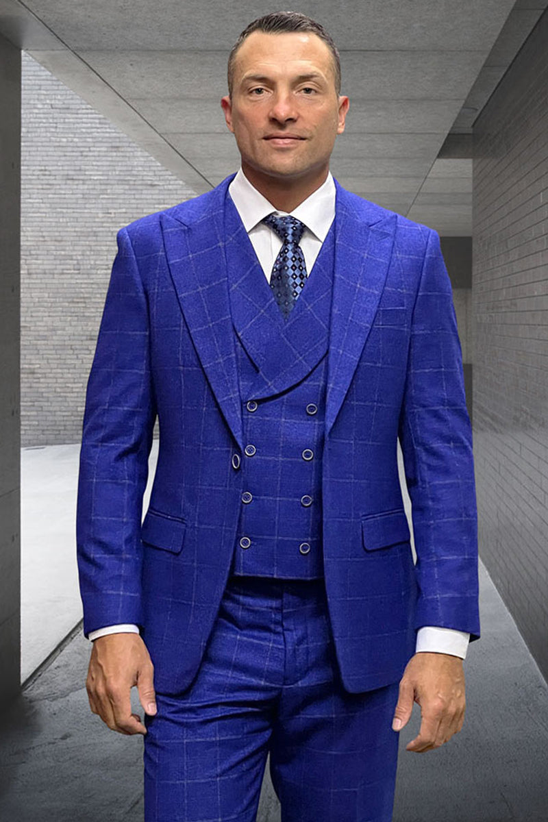 Men's Designer Wool Suit with Double Breasted Vest in Cobalt Blue  Windowpane Plaid