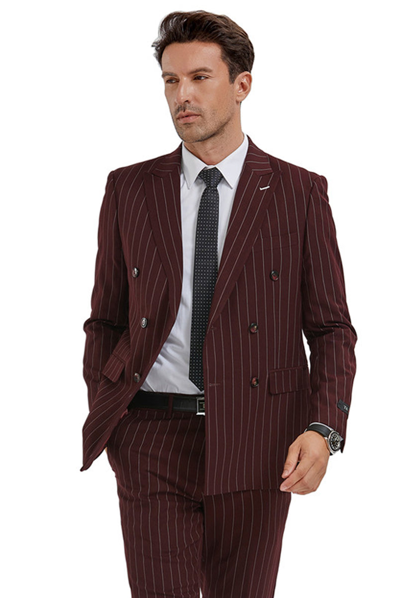 Men's Slim Fit Double Breasted Bold Gangster Pinstripe Suit in Burgund – SignatureMenswear