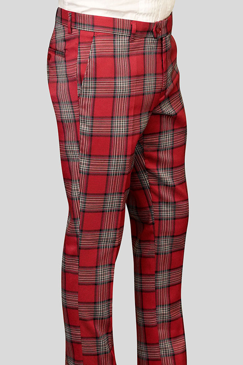 strapless open back dress Men's 100% Wool Slim Fit Flat Front Dress Pant in Red Plaid, 40 / Red