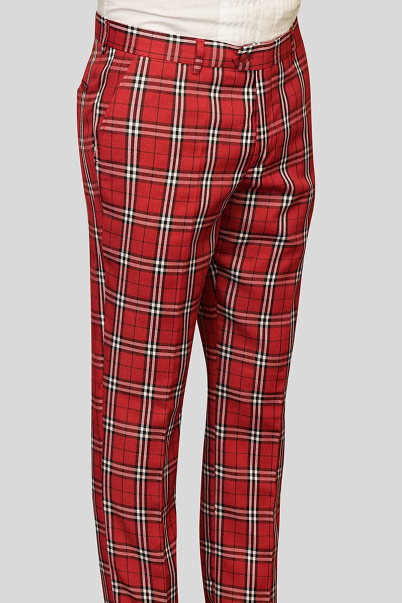 Men's 100% Wool Slim Fit Flat Front Dress Pant in Red Glen Plaid 40 / Red