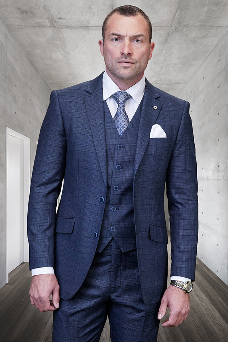 Mens Classic Fit Pleated Pant 2 Button Wool Suit in Indigo Blue main image 0