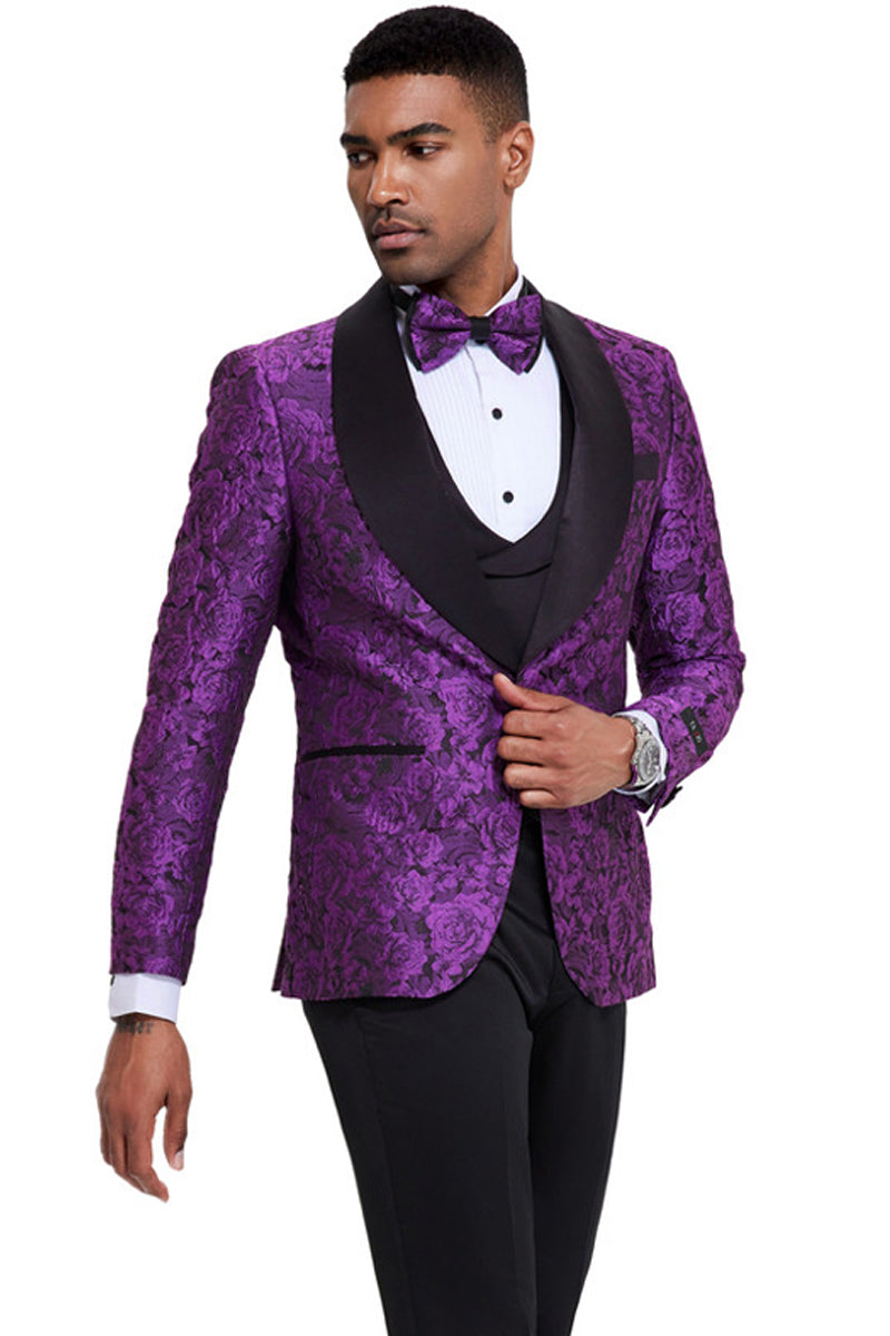 Red/Black  Prom Tuxedo Suit - Red/Black Wedding Suit - Men's One Button Slim Fit Shiny Paisley Floral Vested Prom Tuxedo