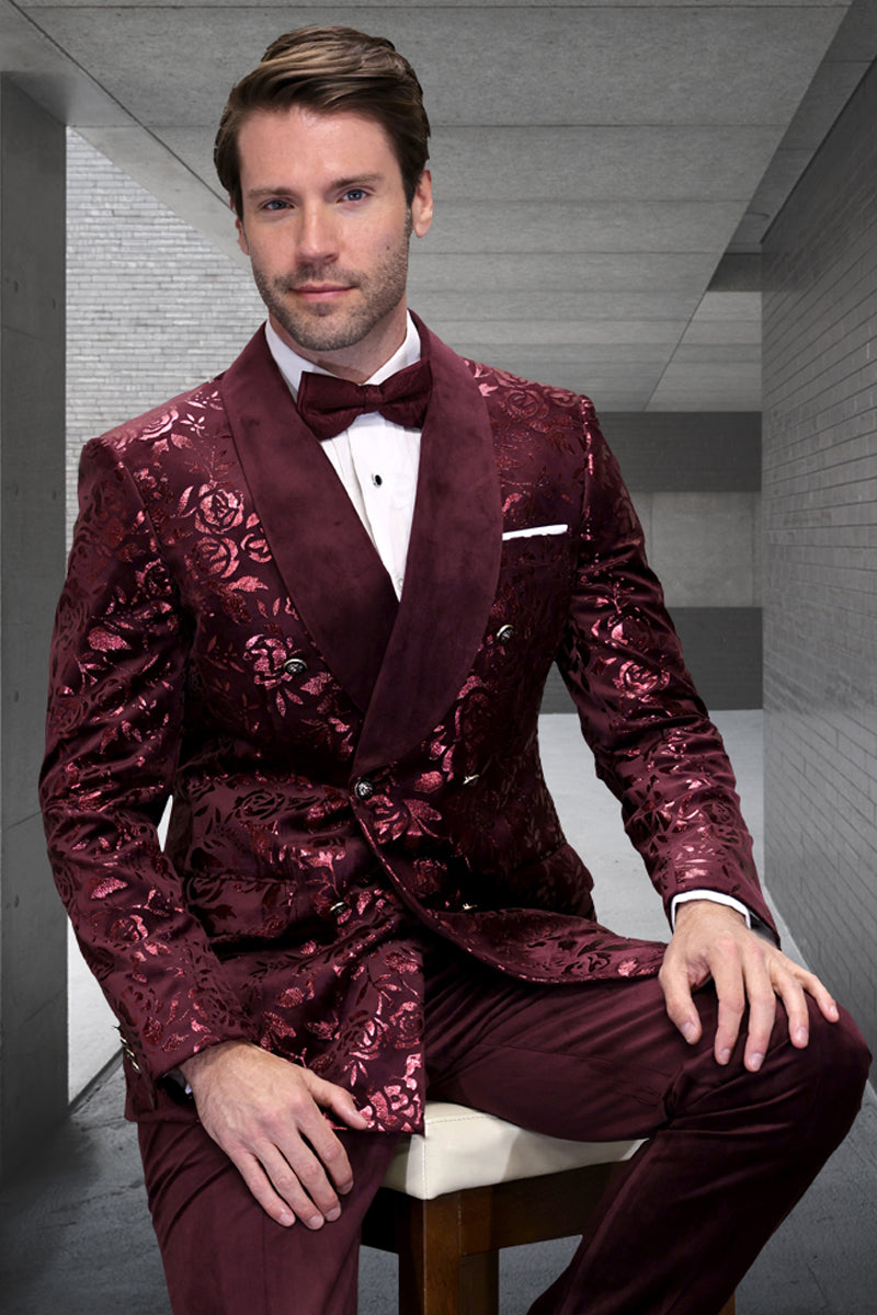 Men's Double Breasted Foil Paisley Dinner Jacket Prom Wedding Tuxedo in Burgundy