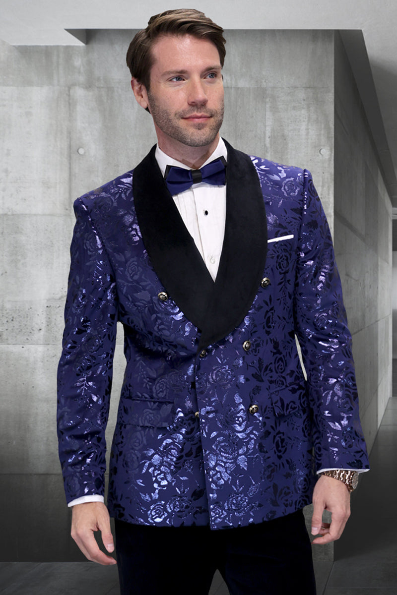 Men's Double Breasted Foil Paisley Dinner Jacket Prom Wedding Tuxedo in Sapphire Blue