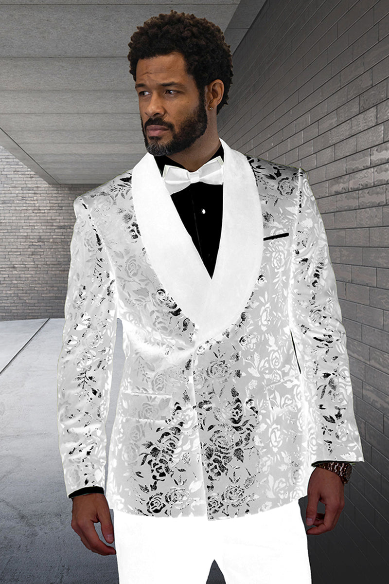 Men's Double Breasted Foil Paisley Dinner Jacket Prom & Wedding Tuxedo in Ivory, 40 Long / Ivory