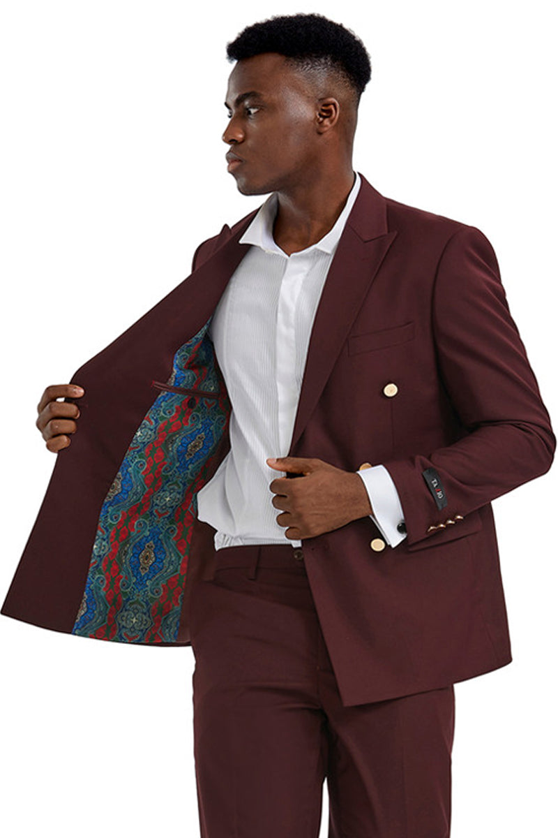 Men's Slim Fit Double Breasted Wedding Suit with Gold Buttons in Burgundy 56 Long / Burgundy Men's Slim Fit Double Breasted Wedding Suit with Gold Buttons in Burgundy 56 Long / Burgundy