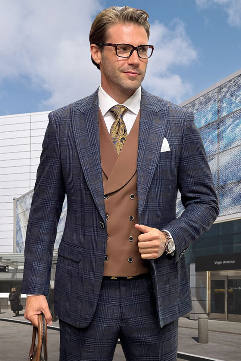 Men's Designer Modern Fit Wool Vested Suit in Black & Grey Plaid main image 1