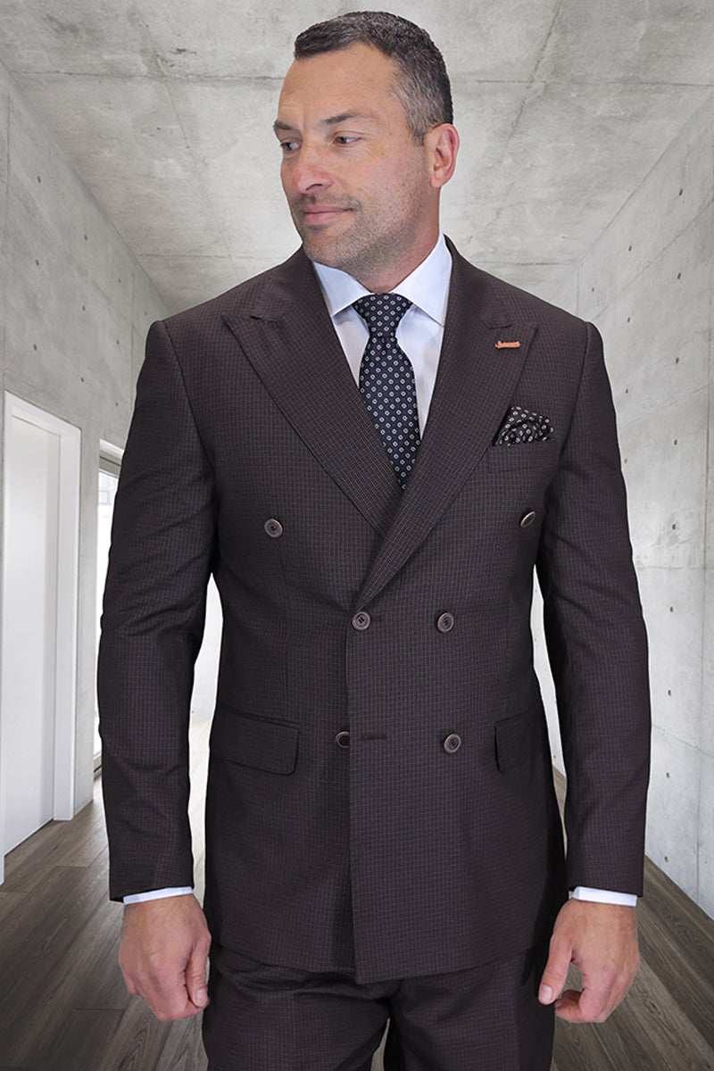 Men's Designer Two Button Wool Suit in Hunter Green with Micro Plaid Double Breasted Vest