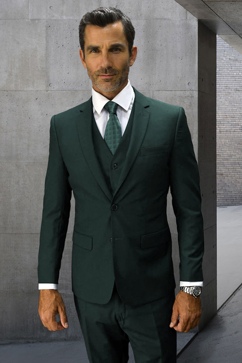 Men's Designer Slim Fit Vested Wool Wedding Suit in Hunter Green