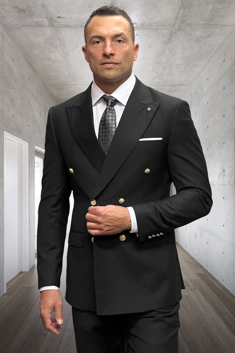 Men's Designer Modern Fit Double Breasted Wool Suit with Gold Buttons in Black 56 Long / Black Men's Designer Modern Fit Double Breasted Wool Suit with Gold Buttons in Black 56 Long / Black