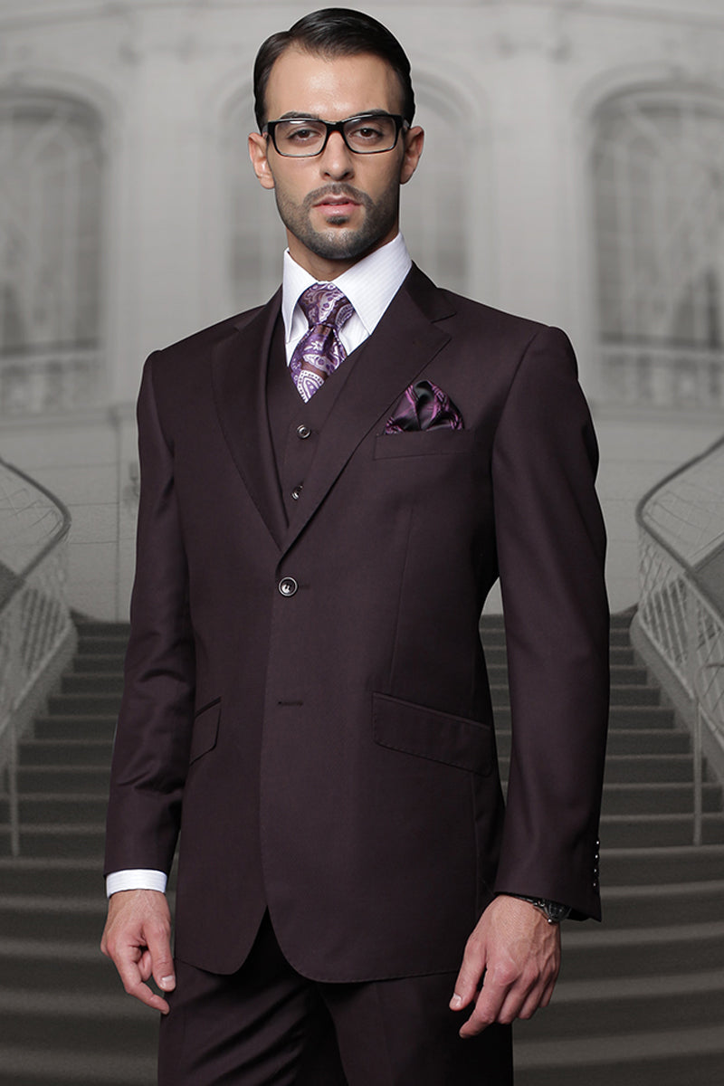 Mens Italian Wool Suit Color Burgundy - Men's Designer Vested Modern Fit Wool Wedding & Business Burgundy Suit